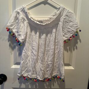 New York & Company White Loose Fit Blouse with Colorful Circles Tassels Size S
